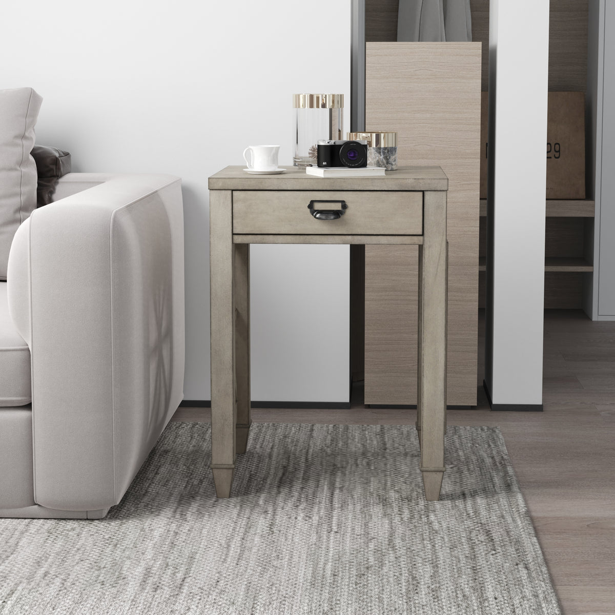 American solid wood square side table with drawer (Antique Gray)