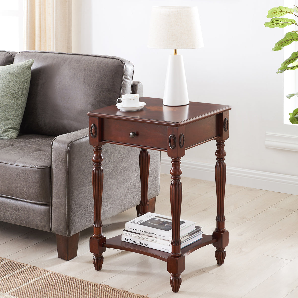American solid wood square End table with drawer (Cherry)
