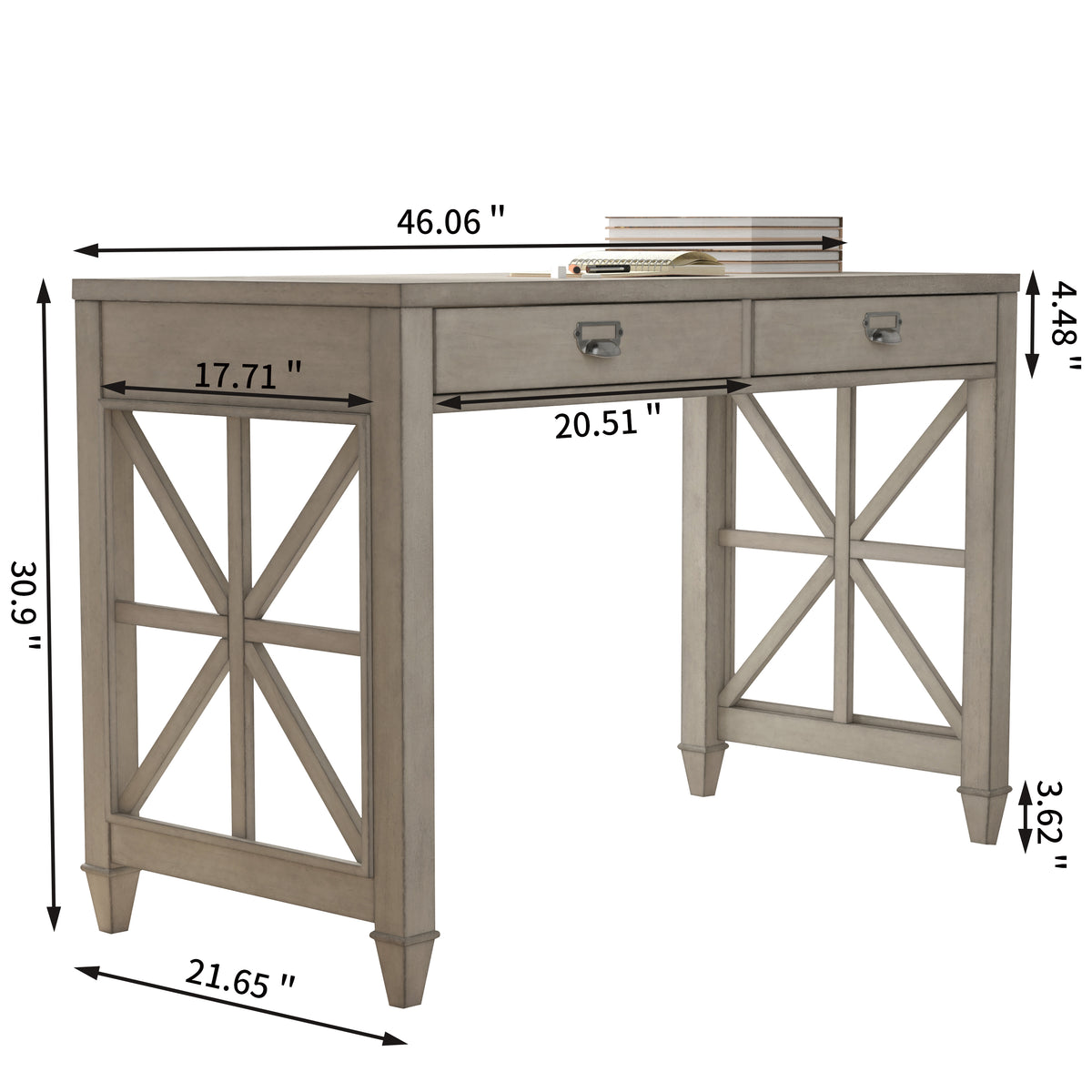 American solid wood square desk dressing table with two drawers,46.06*21.65*30.91H (Antique Gray)