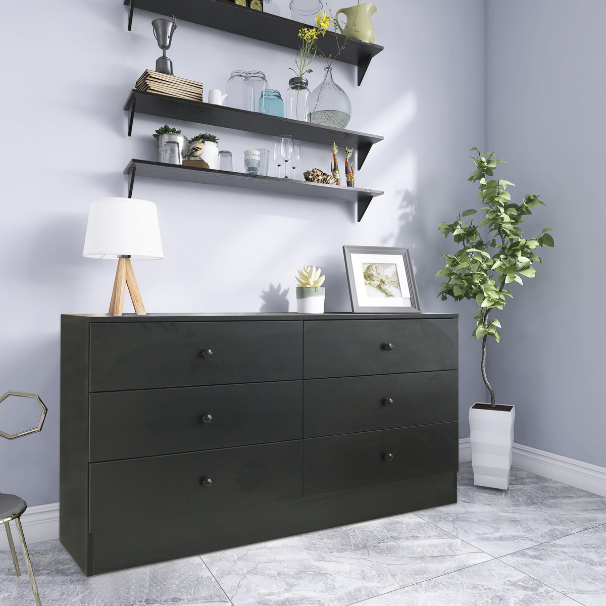 Chest of Drawers Wood Storage Cabinet with 6 Drawers-Black