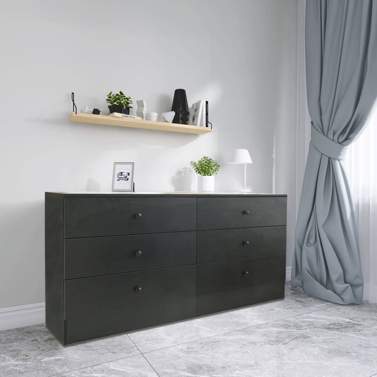 Chest of Drawers Wood Storage Cabinet with 6 Drawers-Black