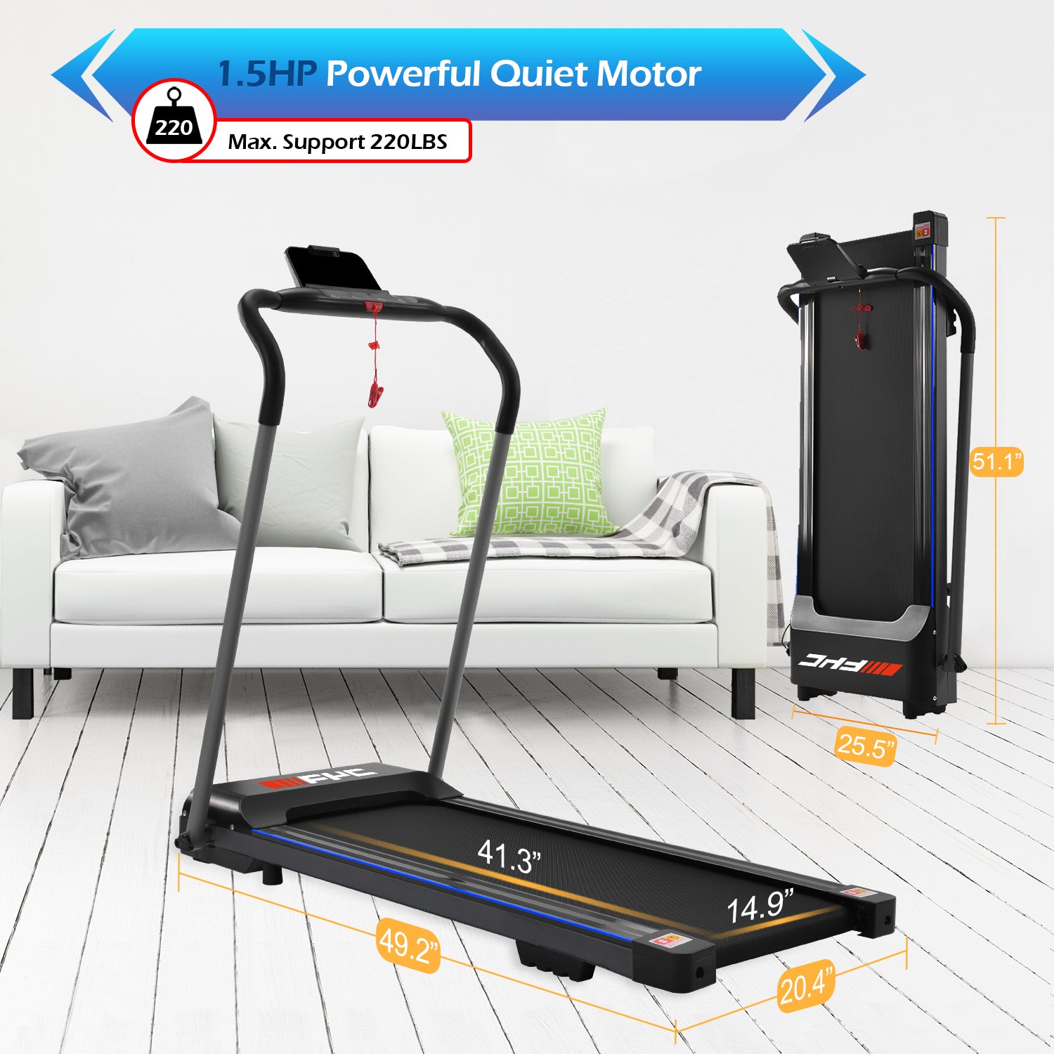 FYC Treadmill Folding Treadmill for Home Portable Electric Motorized Treadmill Running Exercise Machine Compact Treadmill for Home Gym Fitness Workout Jogging Walking, No Installation Required