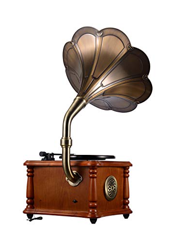 Wooden Turntable Vinyl Record Player Phonograph Gramophone Stereo Speakers System 33/45 RPM FM AUX USB Ouput Bluetooth 4.2 (Gramophone)