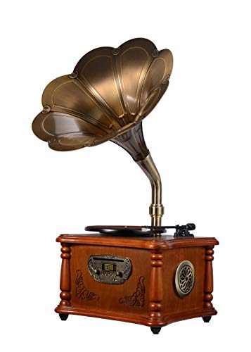 Wooden Turntable Vinyl Record Player Phonograph Gramophone Stereo Speakers System 33/45 RPM FM AUX USB Ouput Bluetooth 4.2 (Gramophone)