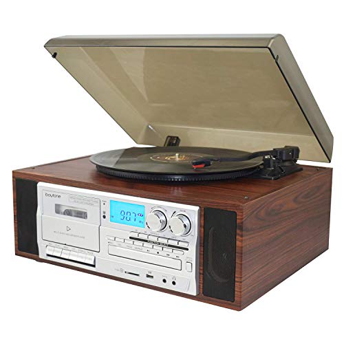 Boytone BT-38SM Bluetooth Classic Turntable Record Player System, AM/FM Radio, CD / Cassette Player, 2 Built-in Stereo Speakers, Record from Vinyl, Radio, and Cassette to MP3, SD Slot, USB, AUX.