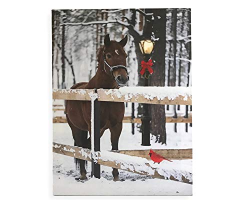 Winter Scene LED Lighted Canvas Wall Print with Horse & Cardinal in Snow