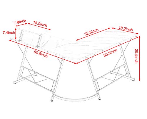 L-Shaped Desk 50.8" Computer Corner Desk, Home Gaming Desk, Office Writing Workstation with Large Monitor Stand, Space-Saving, Easy to Assemble（Laminate Marble）