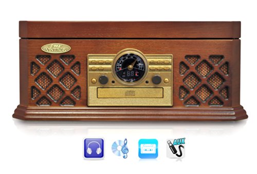 Bluetooth Compatible Classic Vintage Turntable - Retro Vinyl Wood Record Player Speaker System w/ CD Player and Cassette Deck, 3-Speed, AUX, RCA, AM FM Radio, 3.5mm Headphone Jack - Pyle PTCD4BT