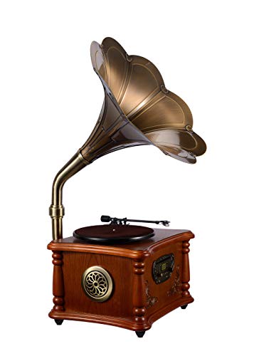 Wooden Turntable Vinyl Record Player Phonograph Gramophone Stereo Speakers System 33/45 RPM FM AUX USB Ouput Bluetooth 4.2 (Gramophone)