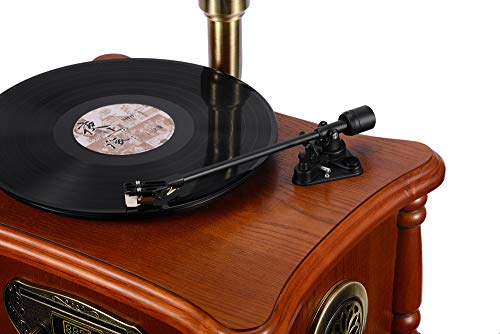 Wooden Turntable Vinyl Record Player Phonograph Gramophone Stereo Speakers System 33/45 RPM FM AUX USB Ouput Bluetooth 4.2 (Gramophone)