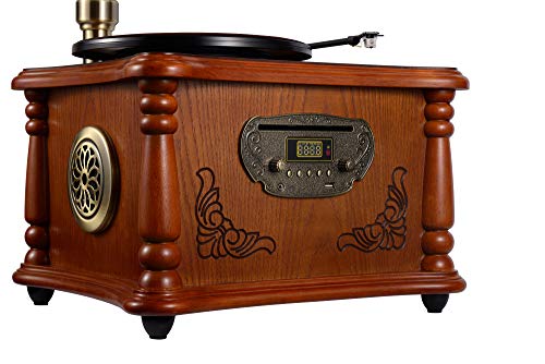 Wooden Turntable Vinyl Record Player Phonograph Gramophone Stereo Speakers System 33/45 RPM FM AUX USB Ouput Bluetooth 4.2 (Gramophone)