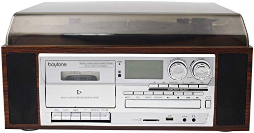 Boytone BT-38SM Bluetooth Classic Turntable Record Player System, AM/FM Radio, CD / Cassette Player, 2 Built-in Stereo Speakers, Record from Vinyl, Radio, and Cassette to MP3, SD Slot, USB, AUX.