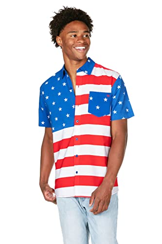 Red White and Blue American Flag Patriotic Button Down Shirt for Men