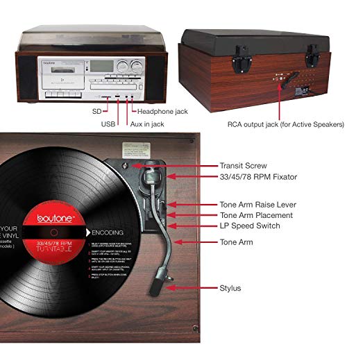Boytone BT-38SM Bluetooth Classic Turntable Record Player System, AM/FM Radio, CD / Cassette Player, 2 Built-in Stereo Speakers, Record from Vinyl, Radio, and Cassette to MP3, SD Slot, USB, AUX.