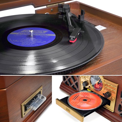Bluetooth Compatible Classic Vintage Turntable - Retro Vinyl Wood Record Player Speaker System w/ CD Player and Cassette Deck, 3-Speed, AUX, RCA, AM FM Radio, 3.5mm Headphone Jack - Pyle PTCD4BT
