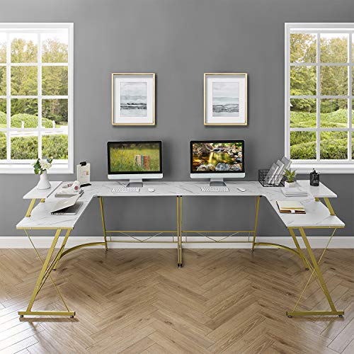 L-Shaped Desk 50.8" Computer Corner Desk, Home Gaming Desk, Office Writing Workstation with Large Monitor Stand, Space-Saving, Easy to Assemble（Laminate Marble）