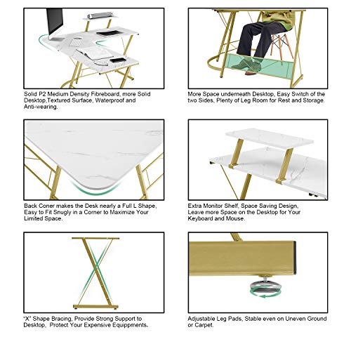 L-Shaped Desk 50.8" Computer Corner Desk, Home Gaming Desk, Office Writing Workstation with Large Monitor Stand, Space-Saving, Easy to Assemble（Laminate Marble）