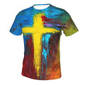 Men's Vintage Oil Painting Faith Jesus Cross Print Casual T-Shirts 3D Funny Yellow Tie Dye Tee Gift for Dad Friends, Fashion Shirt Father's Day Tops Male Crewneck Short Sleeves