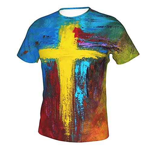 Men's Vintage Oil Painting Faith Jesus Cross Print Casual T-Shirts 3D Funny Yellow Tie Dye Tee Gift for Dad Friends, Fashion Shirt Father's Day Tops Male Crewneck Short Sleeves