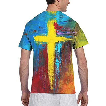 Men's Vintage Oil Painting Faith Jesus Cross Print Casual T-Shirts 3D Funny Yellow Tie Dye Tee Gift for Dad Friends, Fashion Shirt Father's Day Tops Male Crewneck Short Sleeves