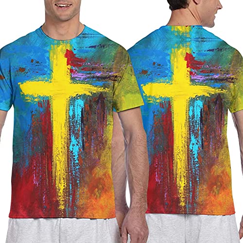 Men's Vintage Oil Painting Faith Jesus Cross Print Casual T-Shirts 3D Funny Yellow Tie Dye Tee Gift for Dad Friends, Fashion Shirt Father's Day Tops Male Crewneck Short Sleeves