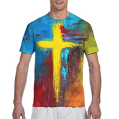 Men's Vintage Oil Painting Faith Jesus Cross Print Casual T-Shirts 3D Funny Yellow Tie Dye Tee Gift for Dad Friends, Fashion Shirt Father's Day Tops Male Crewneck Short Sleeves