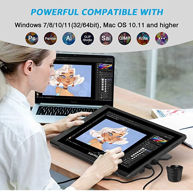 Drawing Tablet with Screen 15.6'' Graphics Drawing Monitor Pen Display with Full Laminated Screen, Tilt Battery-Free Stylus, Touch Bar, & Stand, Compatible for Window/Mac