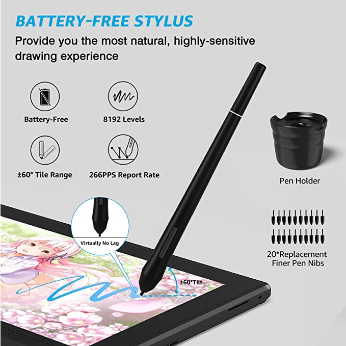 Drawing Tablet with Screen 15.6'' Graphics Drawing Monitor Pen Display with Full Laminated Screen, Tilt Battery-Free Stylus, Touch Bar, & Stand, Compatible for Window/Mac