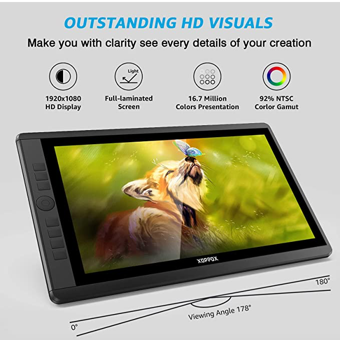 Drawing Tablet with Screen 15.6'' Graphics Drawing Monitor Pen Display with Full Laminated Screen, Tilt Battery-Free Stylus, Touch Bar, & Stand, Compatible for Window/Mac
