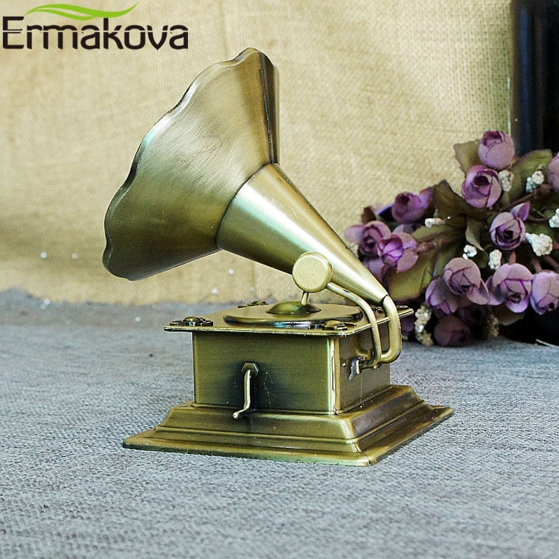 ERMAKOVA Metal Retro Phonograph Model Vintage Record Player Prop Antique Gramophone Model Home Office Club Bar Decor Gift