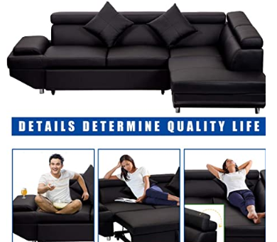 Queen Modern Contemporary Sectional Sofa for Living Room Futon Sofa Bed, Faux Leather Corner Sofa