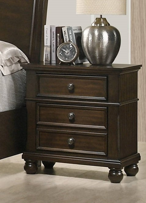 Traditional 3-Drawer Nightstand with Bun Feet 1-Pc End Table Brown Wood Veneers & Solids Furniture