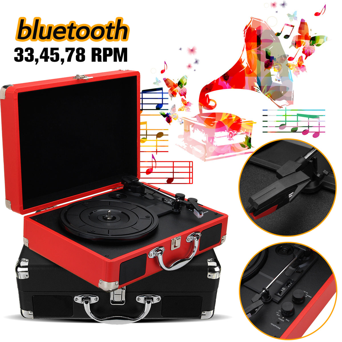Plastic Wood Retro 33/45/78 RPM bluetooth PH/ INT/ BT 2.0 Suitcase Turntable Vinyl LP Record Phone Player 3-Speed 3.5mm AUX IN
