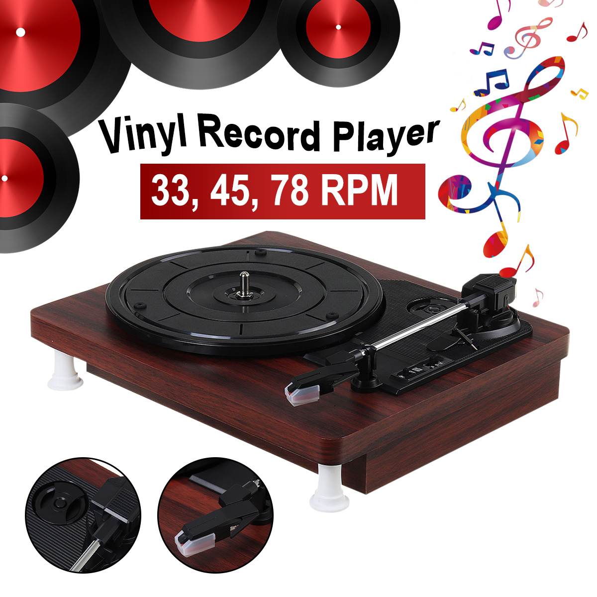 Retro Player Stereo 33 45 78 RPM LP Three Speed Vinyl Record Turntable Player Gramophone RCA R/L PH 2.0 Stereo