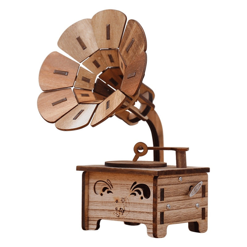 Vintage Wooden Retro Record Player Music Box Crafts Gramophone Trumpet Model Music Box Ornaments Home Bar Shop Decoration Gifts