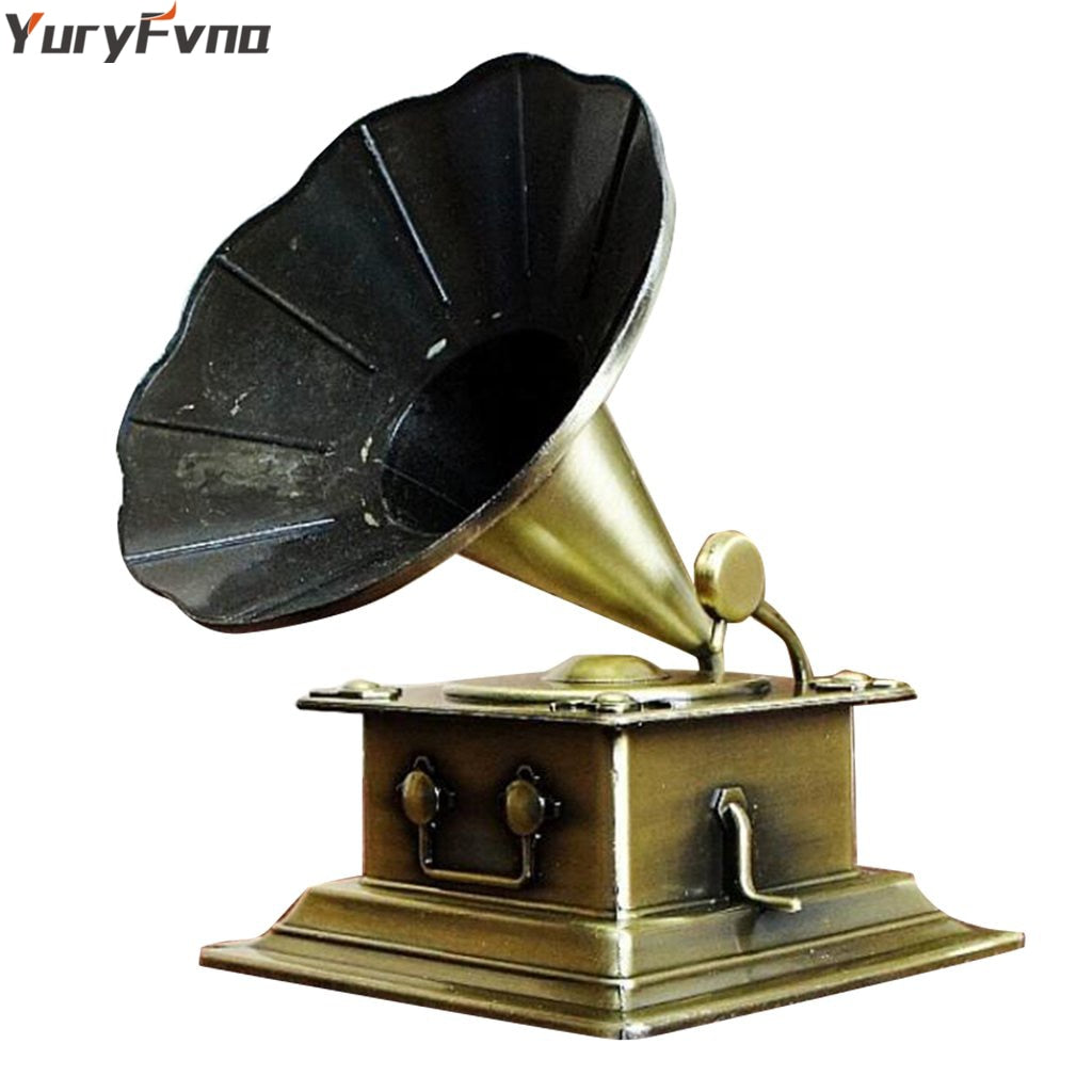 YuryFvna Retro Phonograph Figurine Metal Vintage Record Player Prop Gramophone Model Home Office Club Bar Decoration Gift